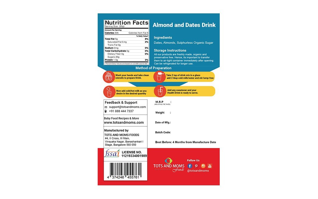 Tots And Moms Foods Almond Dates Drink    Pack  200 grams